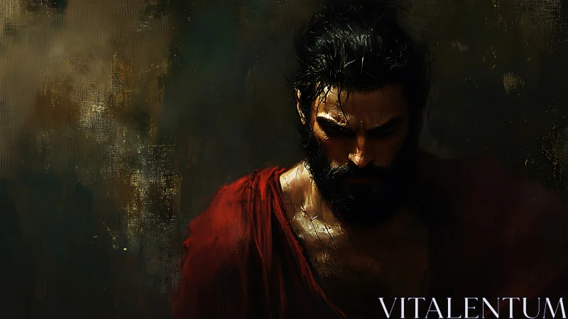 Brooding warrior in red cloak stands in shadowed silence