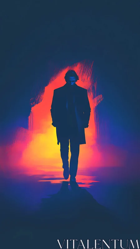 Silhouetted wanderer strolls through neon dusk and molten glow