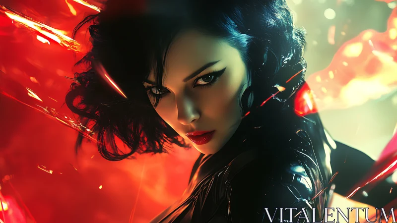 Crimson storm sorceress ignites a neon-lit cyber inferno.