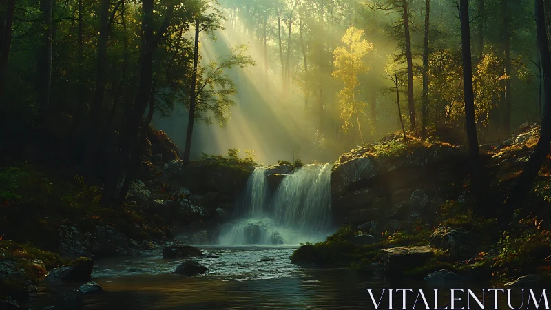 Luminous waterfall in dense forest with directional light rays and water cascade
