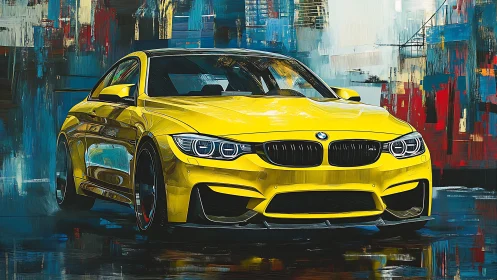 Yellow street predator slices through abstract city haze.