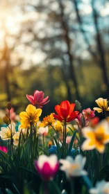 Radiant Spring Garden: Tulips Ablaze in Golden Light.