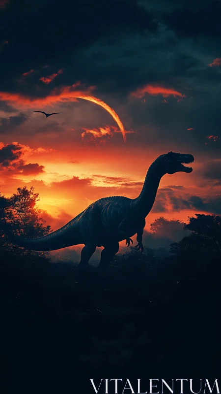 Majestic dinosaur strolls beneath a glowing prehistoric sky.