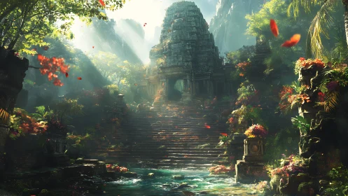 Sunlit jungle temple where ancient stone drinks emerald light.