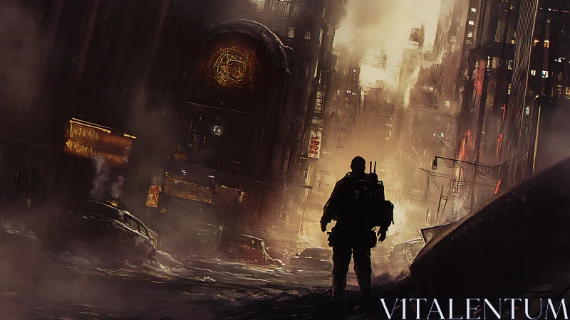 Lone armored survivor surveys burning post-apocalyptic city street