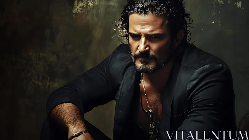 Thoughtful man in leather bathed in moody golden light.