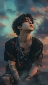 Digital portrait of youth seated outdoors under clouded sky