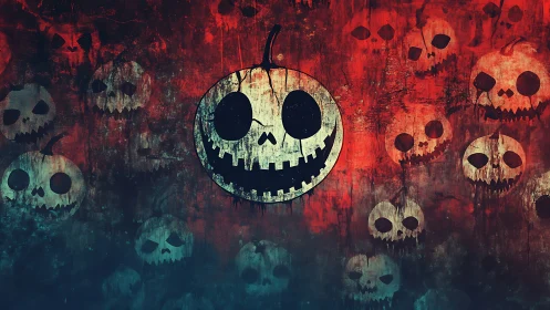 Grinning pumpkin skull floats over grunge red horror wall