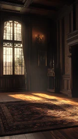 Late afternoon light traverses an ornate paneled salon