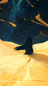 Desert wanderer crosses dunes under swirling cosmic sky.