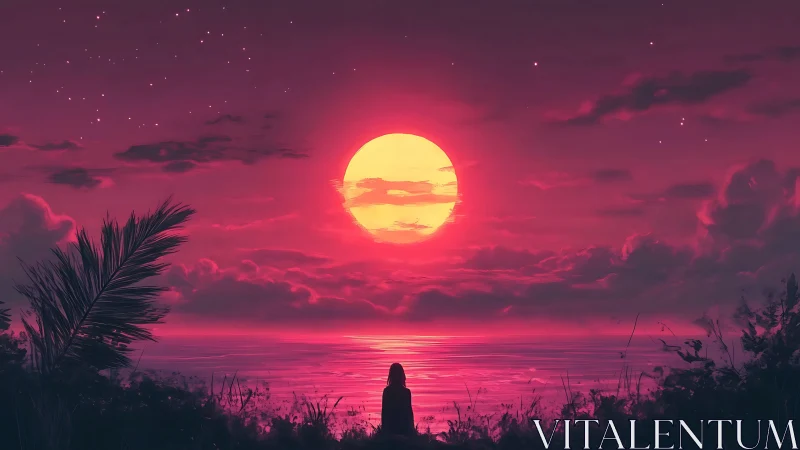 Dreamy pink sunset with a quiet soul by the sea.