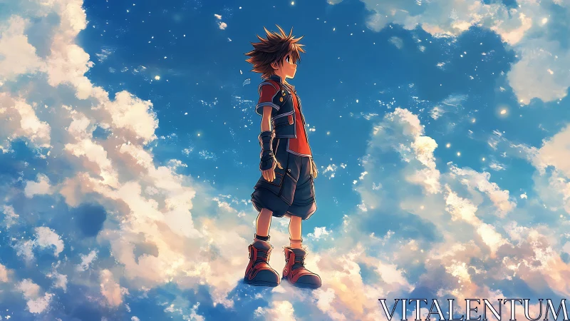 Skyward anime hero standing over luminous drifting clouds.