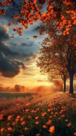 Autumn sunset landscape with trees, meadow, and flowers.