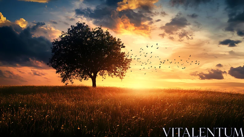 Golden evening tree welcomes the quiet glow of sunset