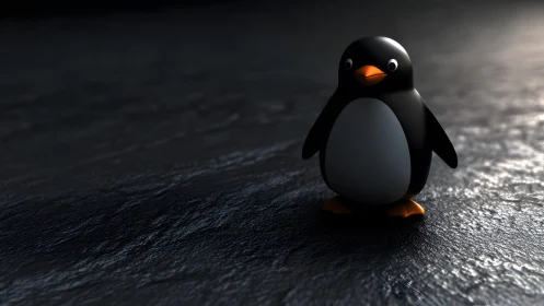Cute cartoon penguin on textured dark surface, 3D digital art.