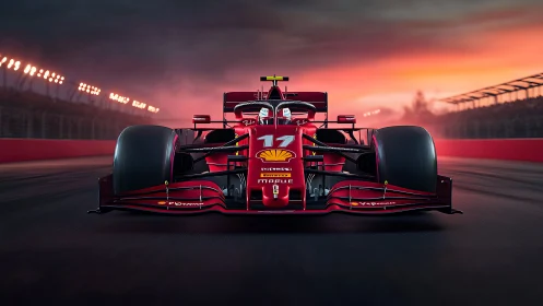 Sunset red race car charging toward the finish line.