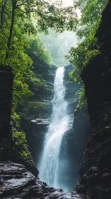 Tall forest waterfall plunging through mossy rock gorge.
