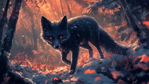 Enigmatic black fox with glowing eyes stalks a fiery forest.