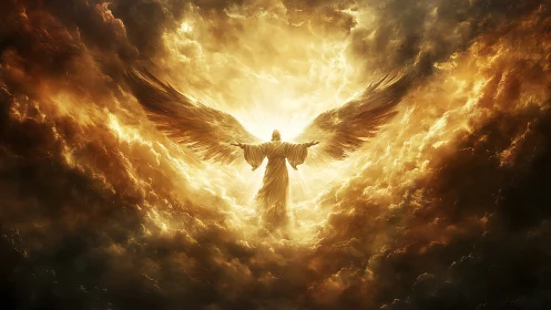 Radiant winged guardian rising through sunlit storm clouds.