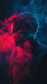 Shrouded profile in neon smoke and dual red blue glow.