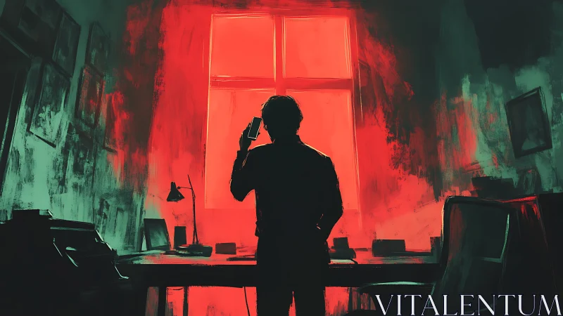 Backlit silhouette in red windowlit office interior at dusk