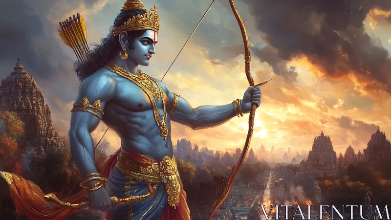 Blue-skinned archer deity stands over burning temple city