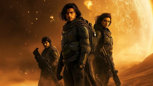 Futuristic desert soldiers stand before blazing alien sun.