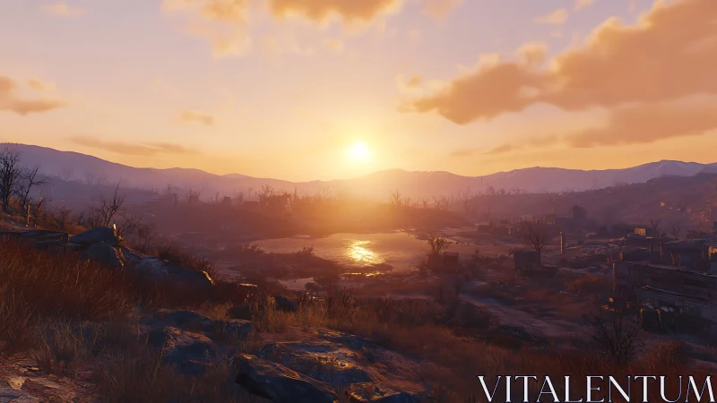 Post apocalyptic wasteland sunset over dried river basin.