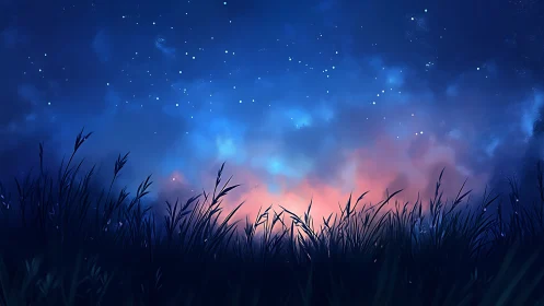 Twilight meadow silhouette under luminous starfield sky glow