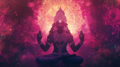 Neon-lit meditative deity silhouette with radiant mandala halo