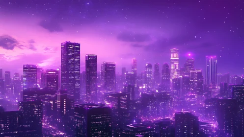 Purple neon city skyline under glowing night sky.