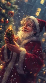 Elderly man in red coat holding candle by decorated tree.