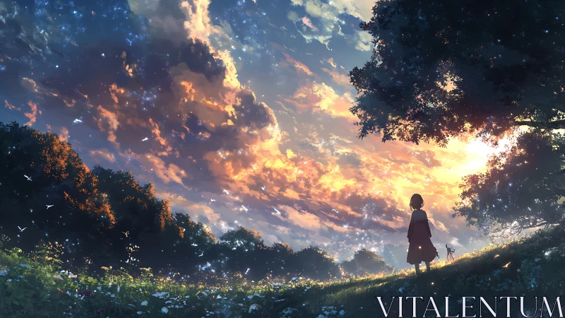 Girl and dog wandering beneath a dreamlit sunset sky.