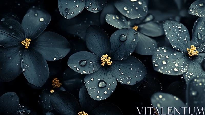 Dark petaled flowers with water droplets on black background.