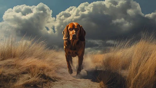 Golden trail runner dog under dramatic summer clouds.