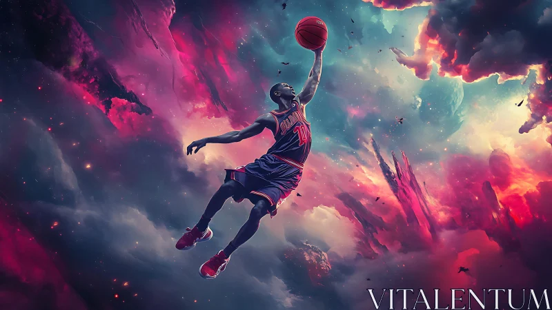 Cosmic basketball dunker suspended in neon storm clouds