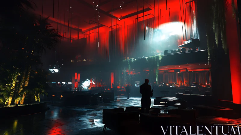 Moody neon lounge glowing with red light and quiet intrigue.