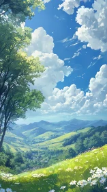 Sunlit alpine valley rendered with high-saturation painterly depth