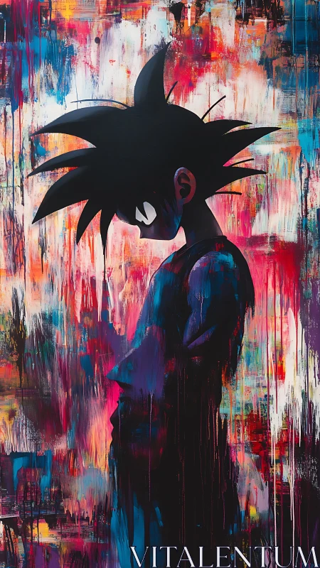 Silhouetted anime boy within abstract neon paint field.