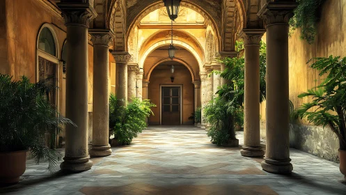 Photorealistic courtyard colonnade with lush potted greenery.