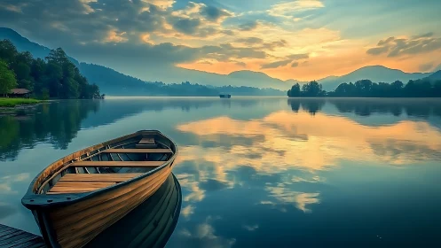 Wooden rowboat rests on calm reflective lake at sunrise