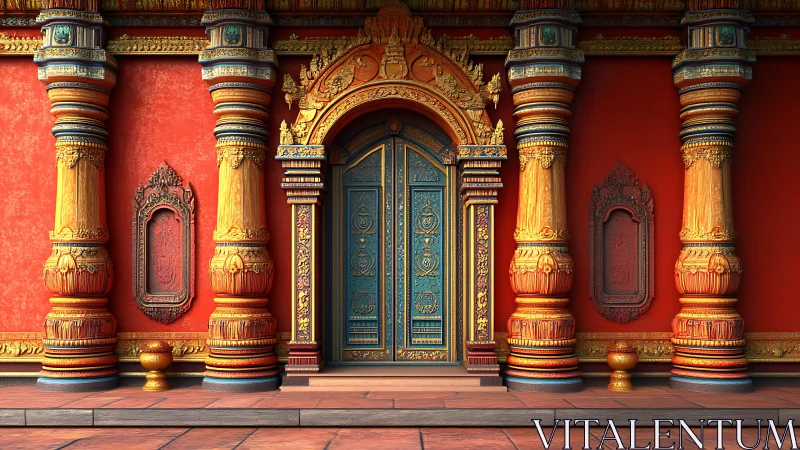 Ornate red temple entrance with carved columns and door.