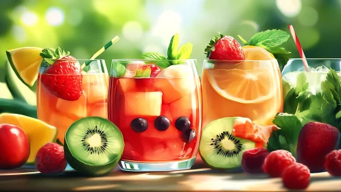 Chromatic fruit beverage array with high-luminance rendering.