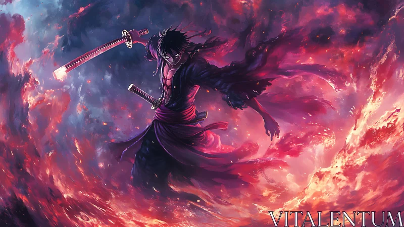 Volcanic katana duelist suspended in turbulent chromatic vortex.