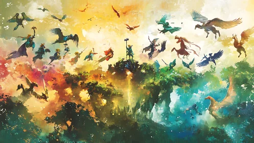 Sky riders and rainbow forests in a bright fantasy realm.