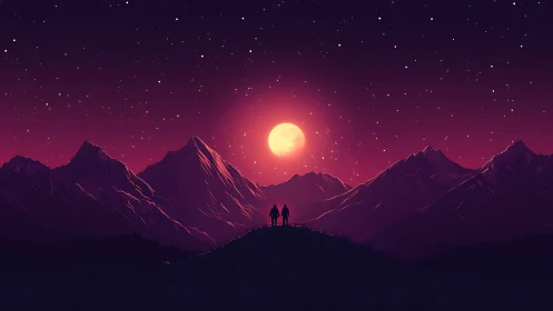Two friends under a glowing moonlit mountain sky.