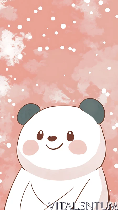 Sweet smiling panda sits under a soft pink dreamy sky
