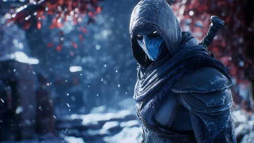 Hooded ice assassin stands in snowy forest ruin at dusk