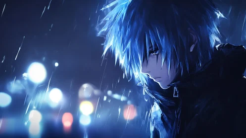 Blue haired anime boy stands in rainy neon city night.