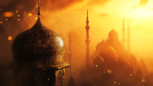 Ornate domed minaret emerges in molten gold atmospheric light